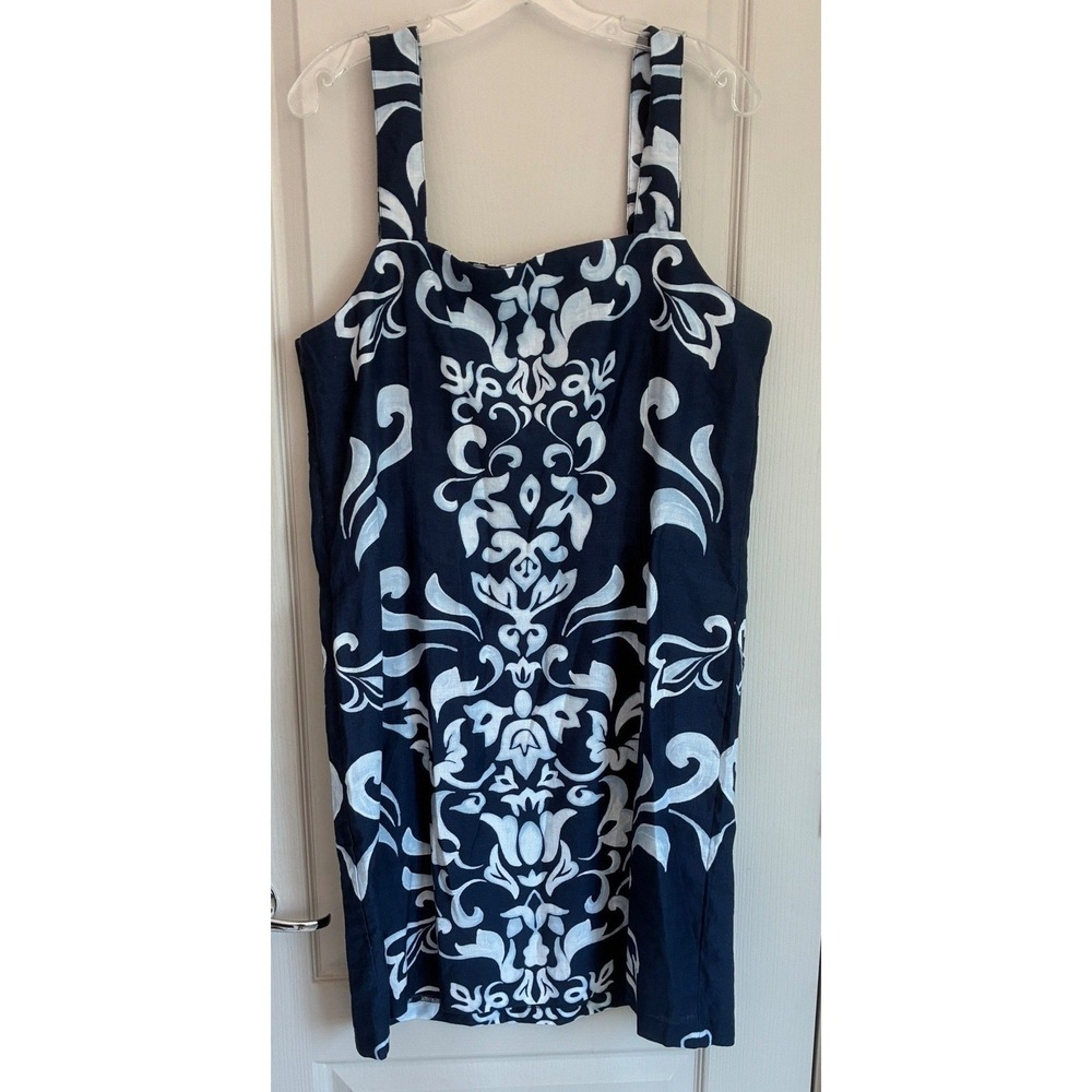 Talbots Navy Blue White Damask Linen Blend Square Neck Shift Dress Womens 14 NWT - Picture 2 of 11